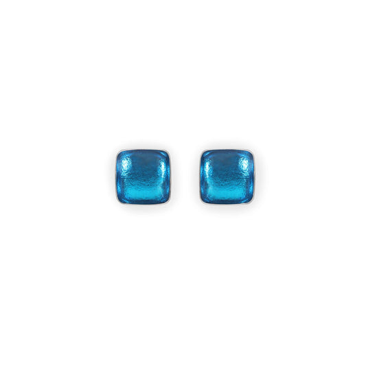 Turquoise Aluminium Squares Shiny Small Stud Earrings | The Jewellery Stop