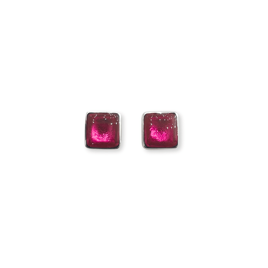 Fuchsia Aluminium Squares Shiny Small Stud Earrings