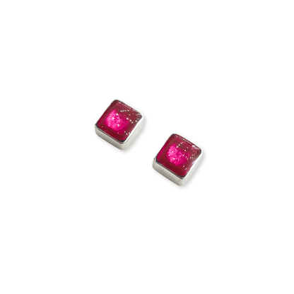 Fuchsia Aluminium Squares Shiny Small Stud Earrings