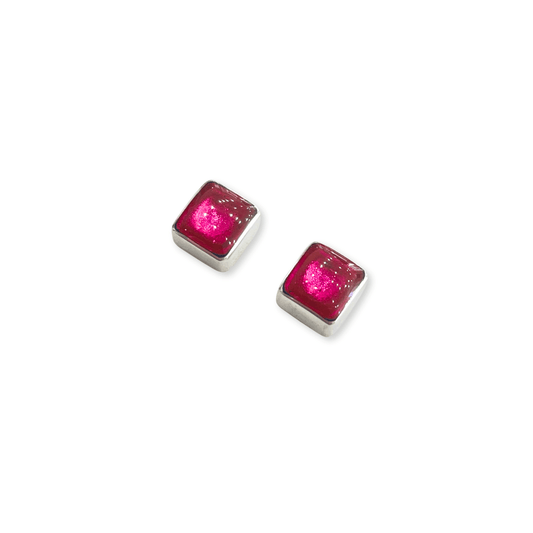 Fuchsia Aluminium Squares Shiny Small Stud Earrings