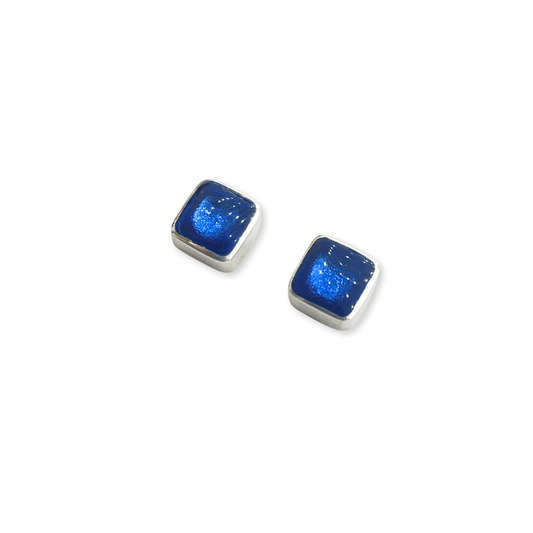 Navy Aluminium Squares Shiny Small Stud Earrings
