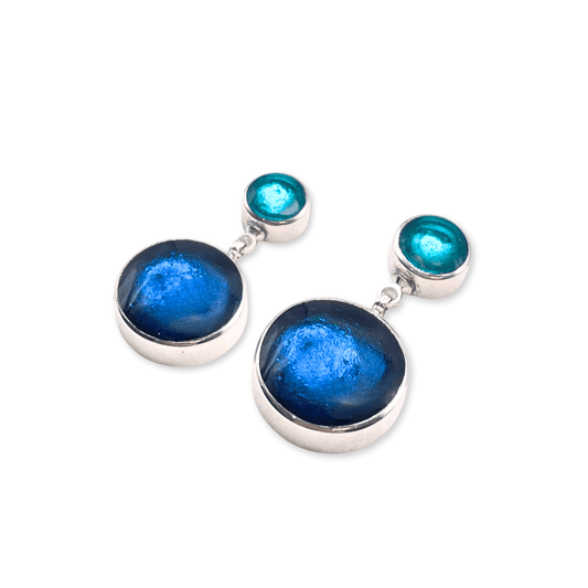 Teal Aluminium Circles Shiny Double Drop Stud Earrings
