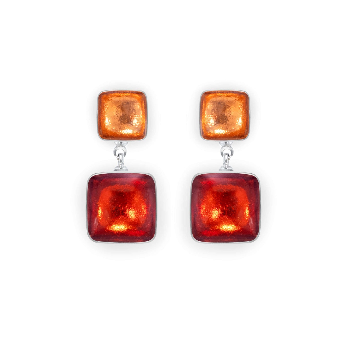 Terracotta Aluminium Squares Shiny Double Drop Stud Earrings | The Jewellery Stop