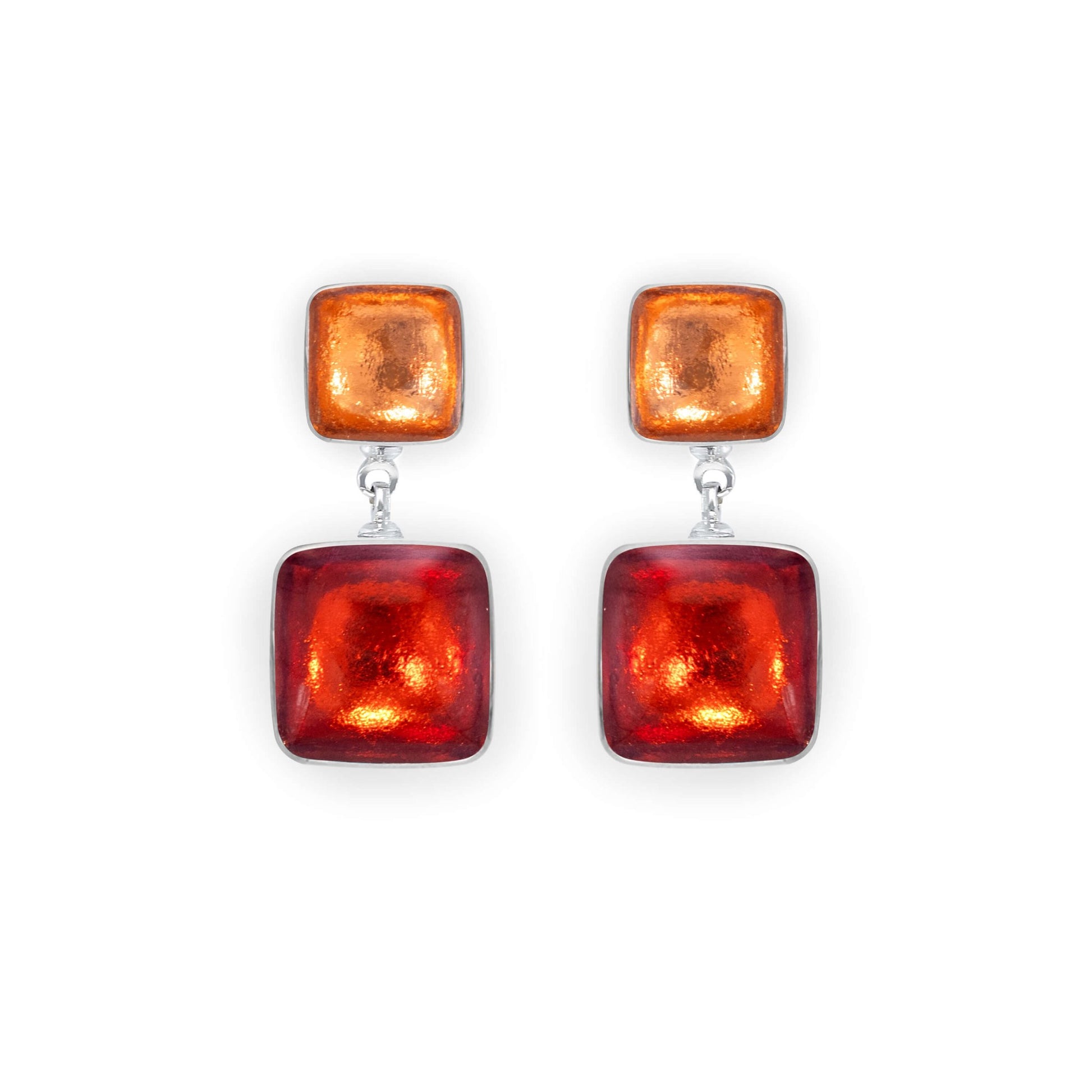 Terracotta Aluminium Squares Shiny Double Drop Stud Earrings | The Jewellery Stop