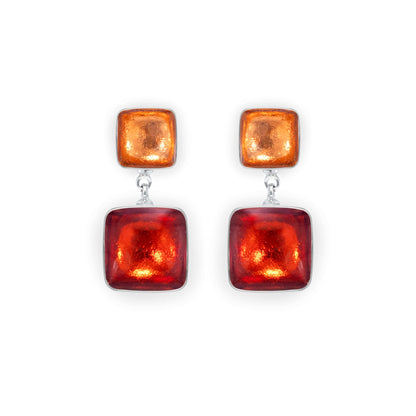 Terracotta Aluminium Squares Shiny Double Drop Stud Earrings | The Jewellery Stop