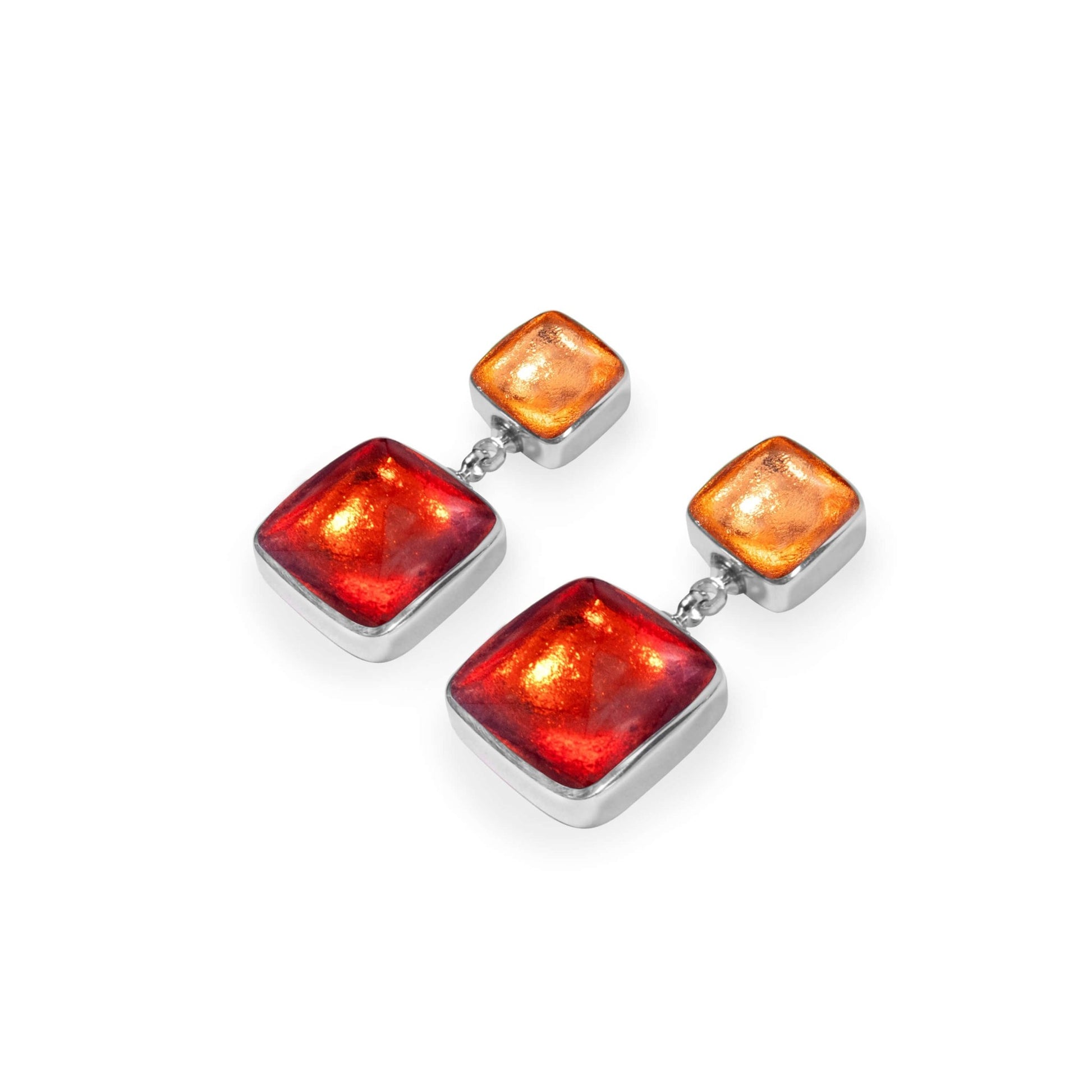 Terracotta Aluminium Squares Shiny Double Drop Stud Earrings | The Jewellery Stop