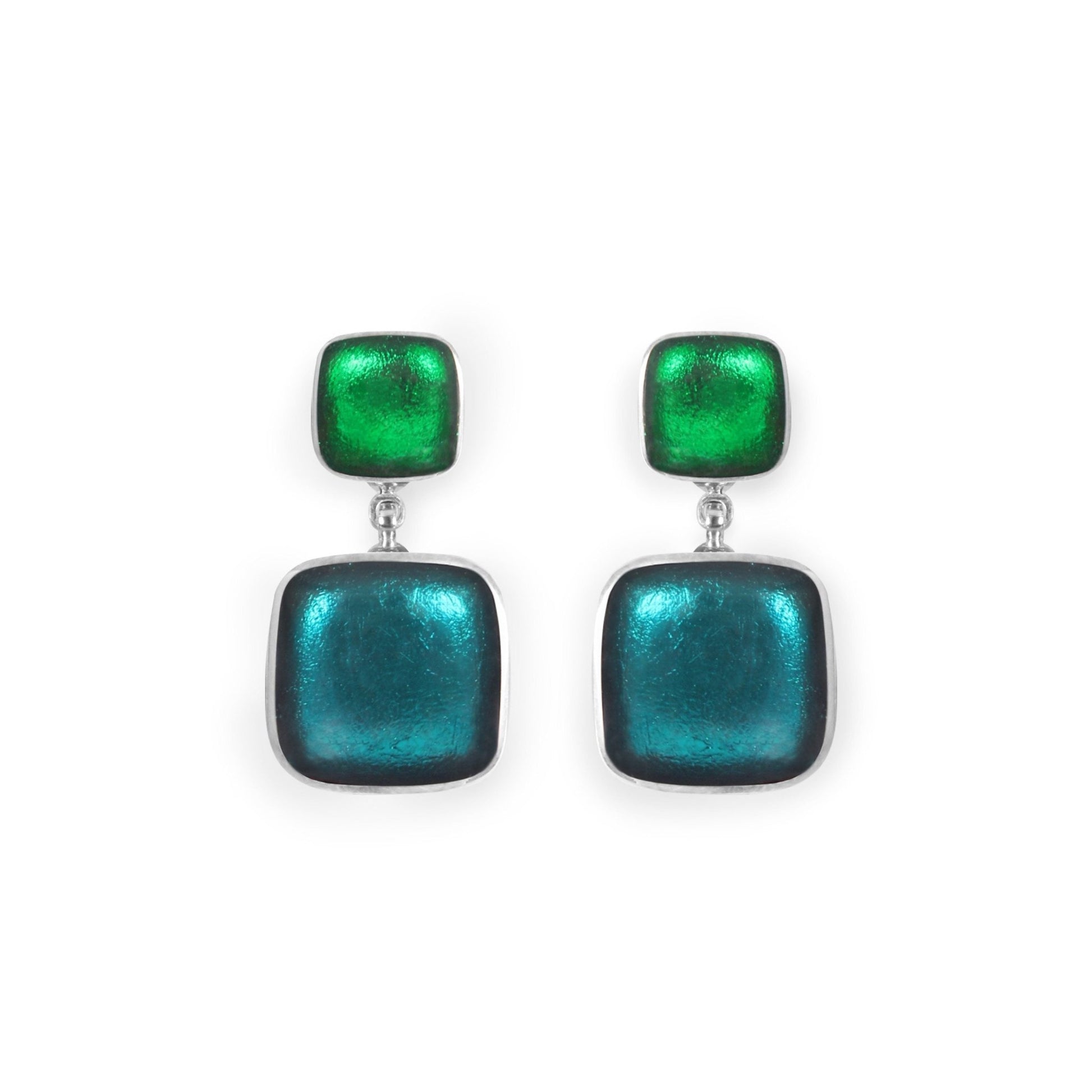 Verdigris Aluminium Squares Shiny Double Drop Stud Earrings | The Jewellery Stop