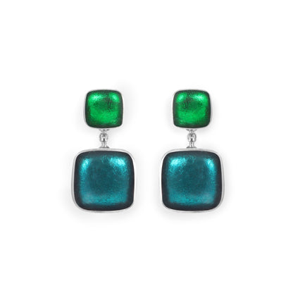 Verdigris Aluminium Squares Shiny Double Drop Stud Earrings | The Jewellery Stop