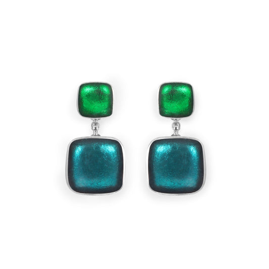 Verdigris Aluminium Squares Shiny Double Drop Stud Earrings | The Jewellery Stop
