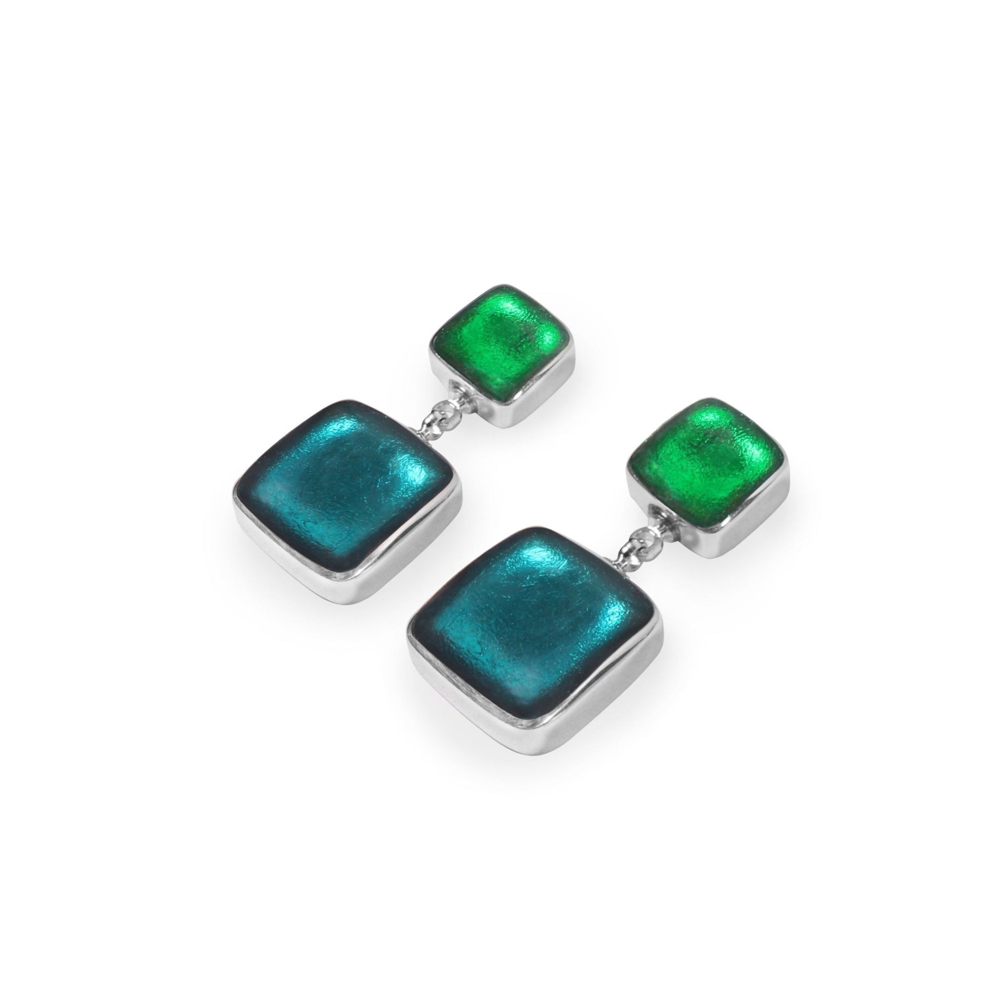 Verdigris Aluminium Squares Shiny Double Drop Stud Earrings | The Jewellery Stop
