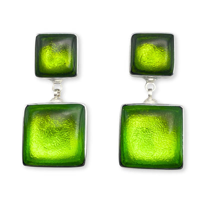 Citrus Aluminium Squares Shiny Double Drop Stud Earrings