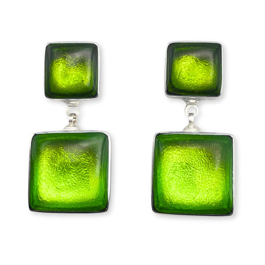 Citrus Aluminium Squares Shiny Double Drop Stud Earrings