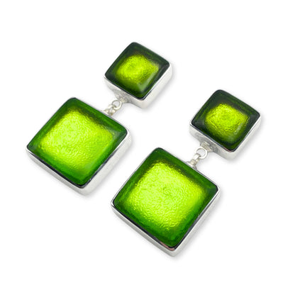 Citrus Aluminium Squares Shiny Double Drop Stud Earrings