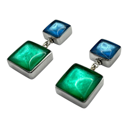 Crystal Aluminium Squares Shiny Double Drop Stud Earrings