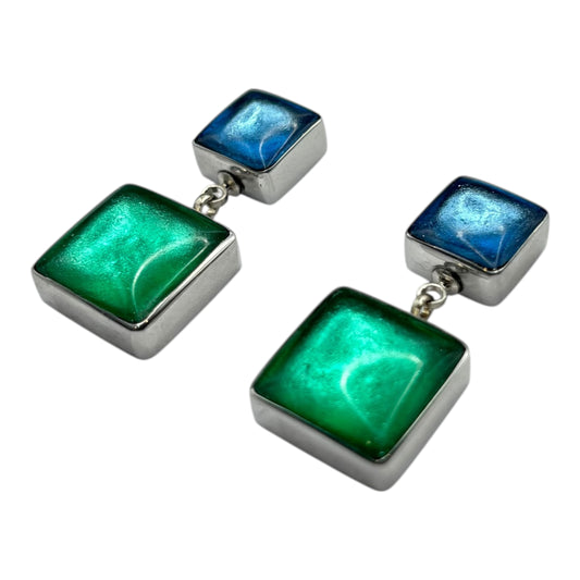 Crystal Aluminium Squares Shiny Double Drop Stud Earrings