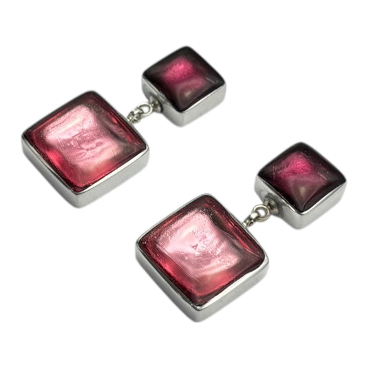 Peony Aluminium Squares Shiny Double Drop Stud Earrings