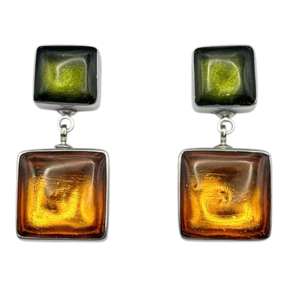 Pistachio Aluminium Squares Shiny Double Drop Stud Earrings | The Jewellery Stop