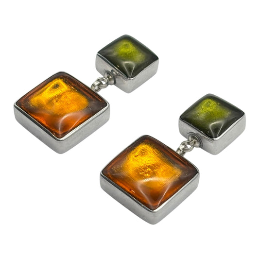 Pistachio Aluminium Squares Shiny Double Drop Stud Earrings | The Jewellery Stop