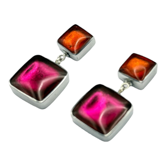 Tropical Aluminium Squares Shiny Double Drop Stud Earrings