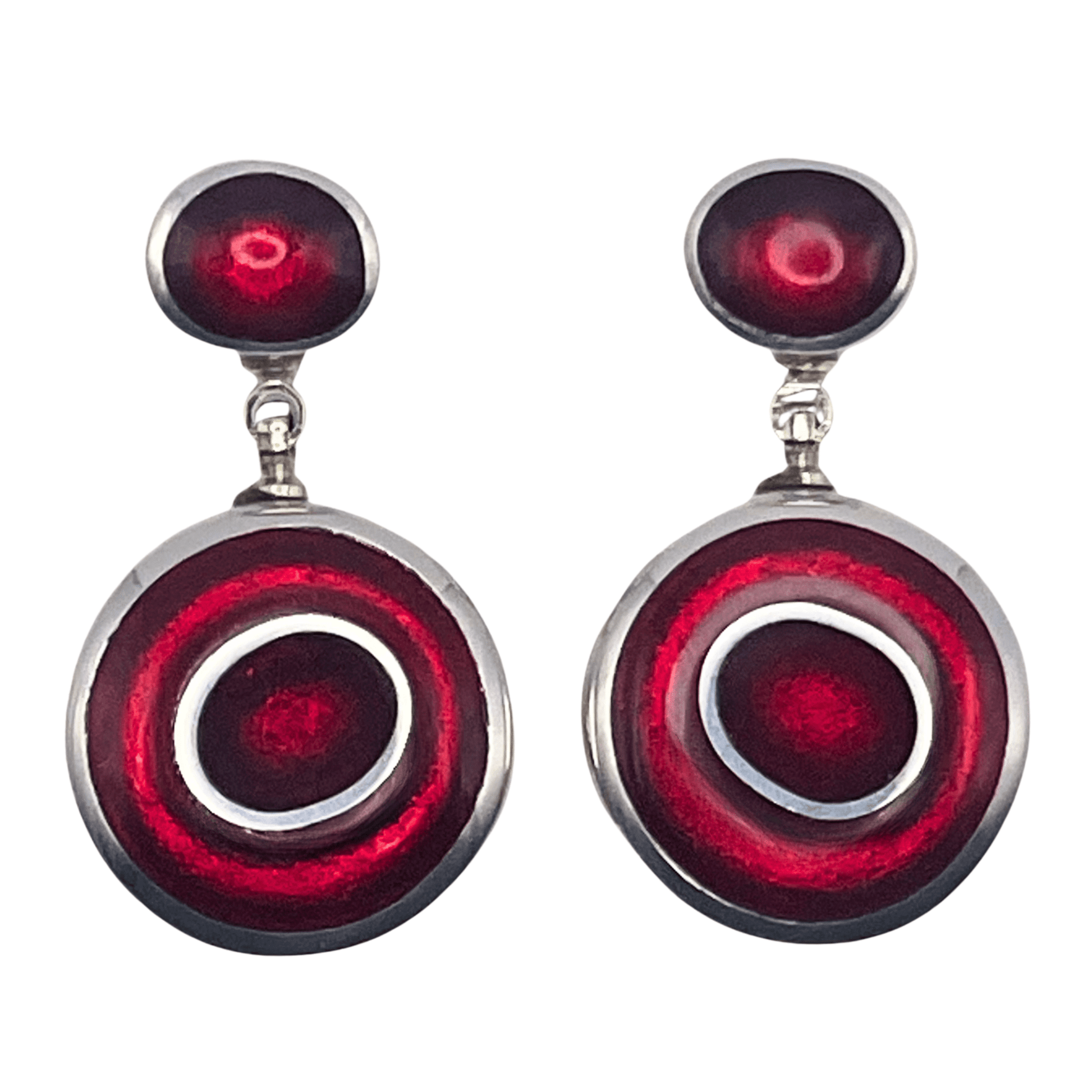 Red Organic Circles Shiny Double Drop Stud Earrings | The Jewellery Stop