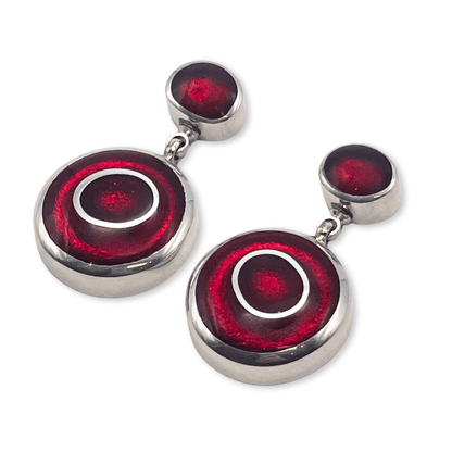 Red Organic Circles Shiny Double Drop Stud Earrings | The Jewellery Stop