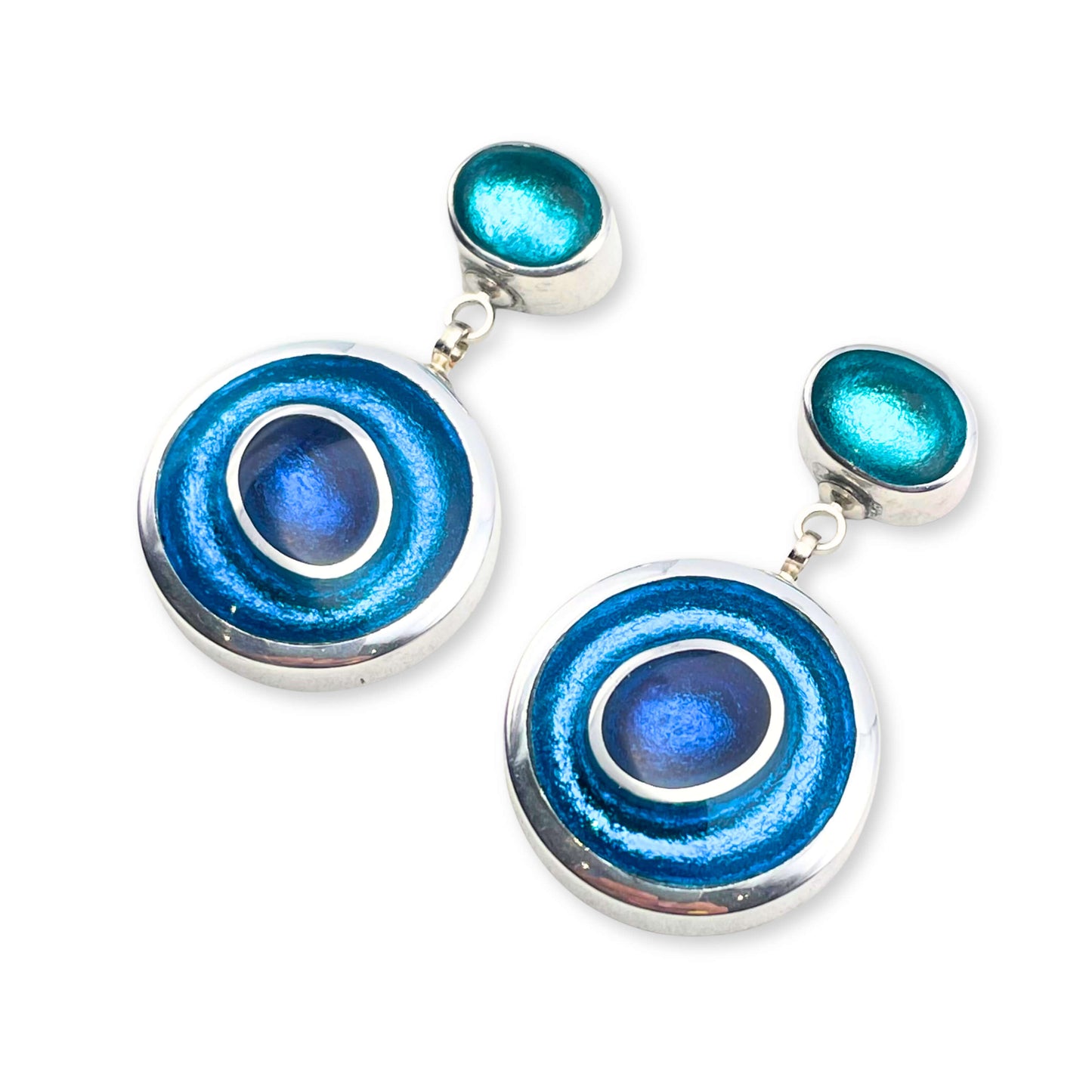 Turquoise Organic Circles Shiny Double Drop Stud Earrings