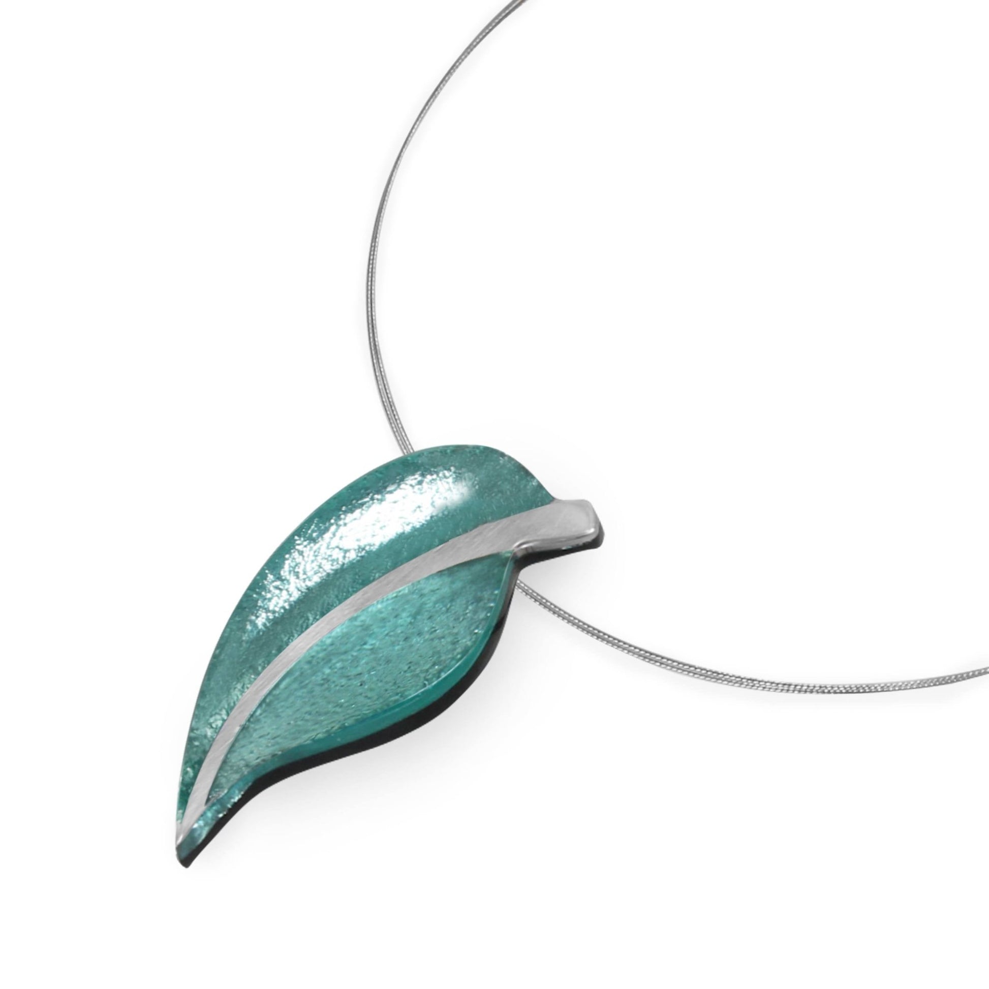 Aqua Pewter Leaf Shiny Pendant | The Jewellery Stop