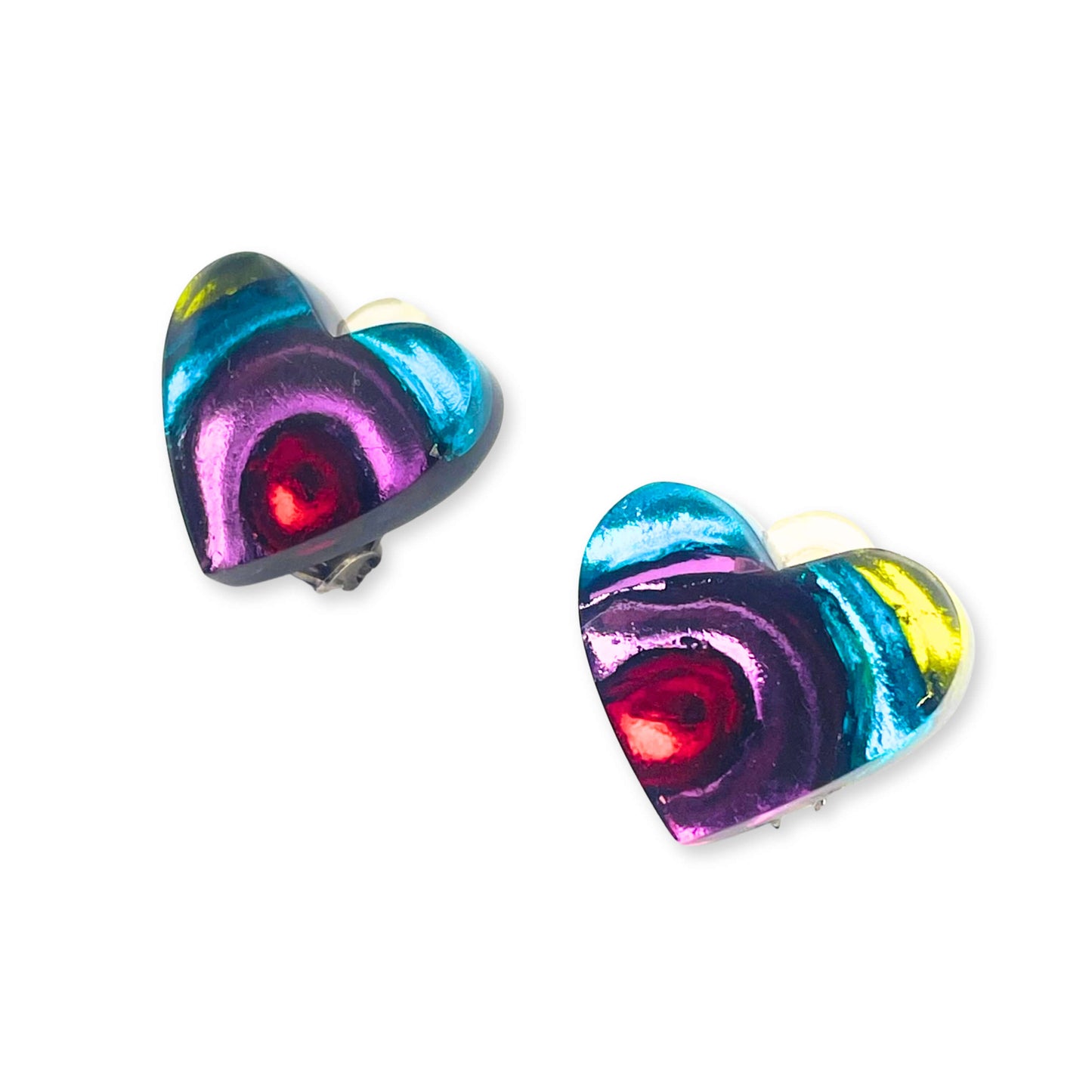 Rainbow Heart Swirl Shiny Clip Earrings