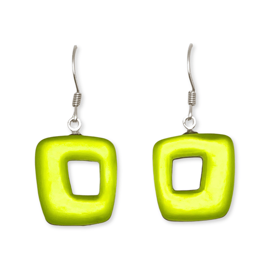Kiwi Hollow Squares Matte Medium Fish Hook Earrings