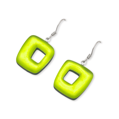 Kiwi Hollow Squares Matte Medium Fish Hook Earrings
