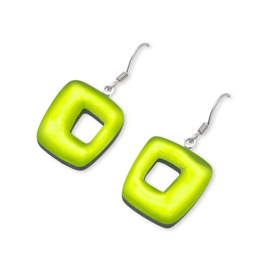Kiwi Hollow Squares Matte Medium Fish Hook Earrings
