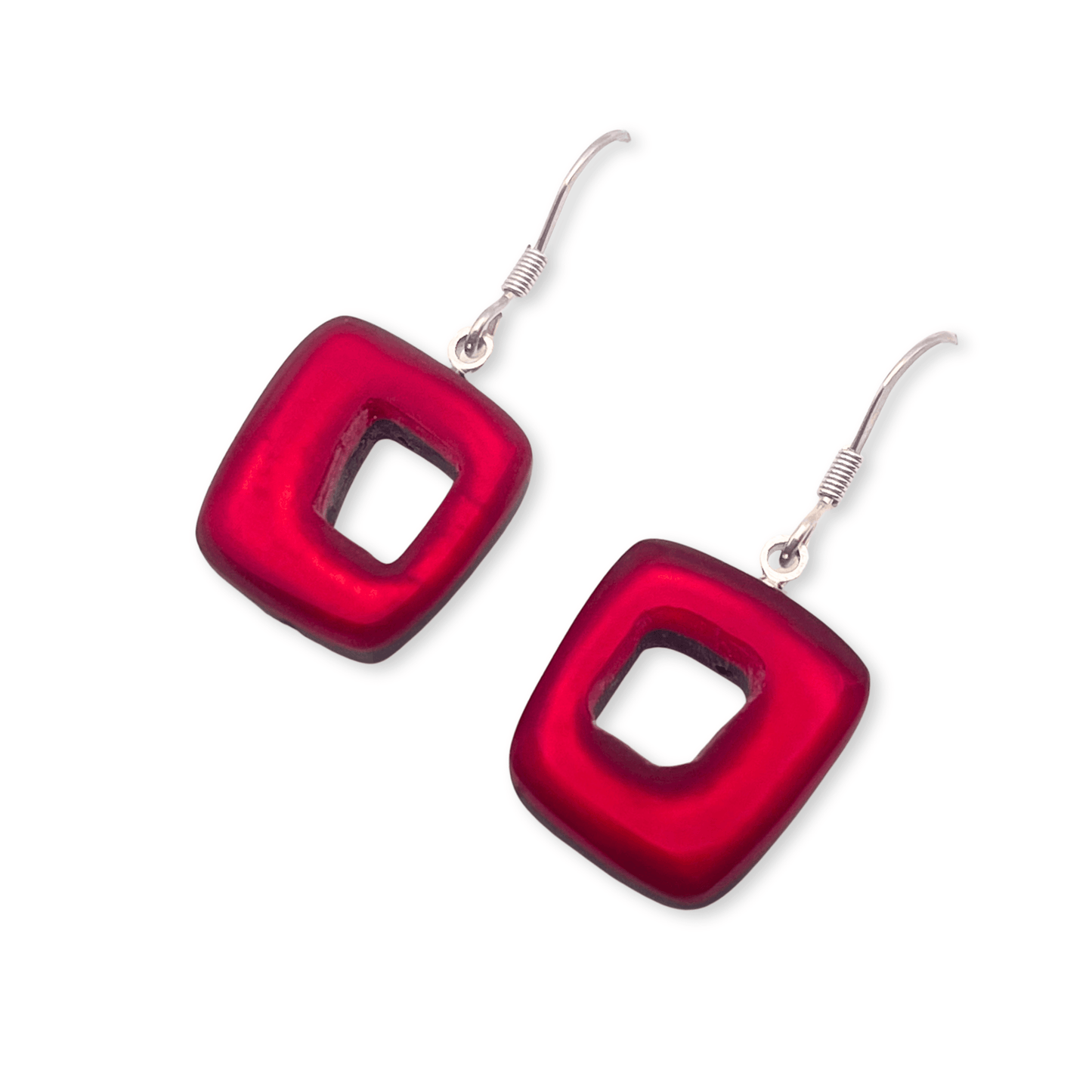 Red Hollow Squares Matte Medium Fish Hook Earrings