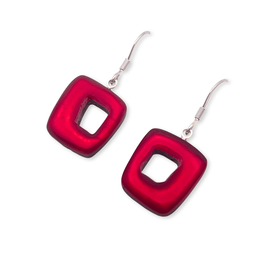 Red Hollow Squares Matte Medium Fish Hook Earrings