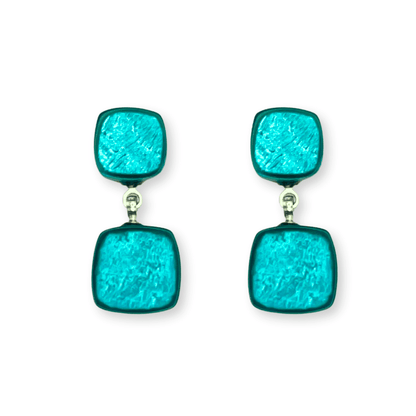 Teal Shell Cubes Shiny Double Drop Stud Earrings | The Jewellery Stop