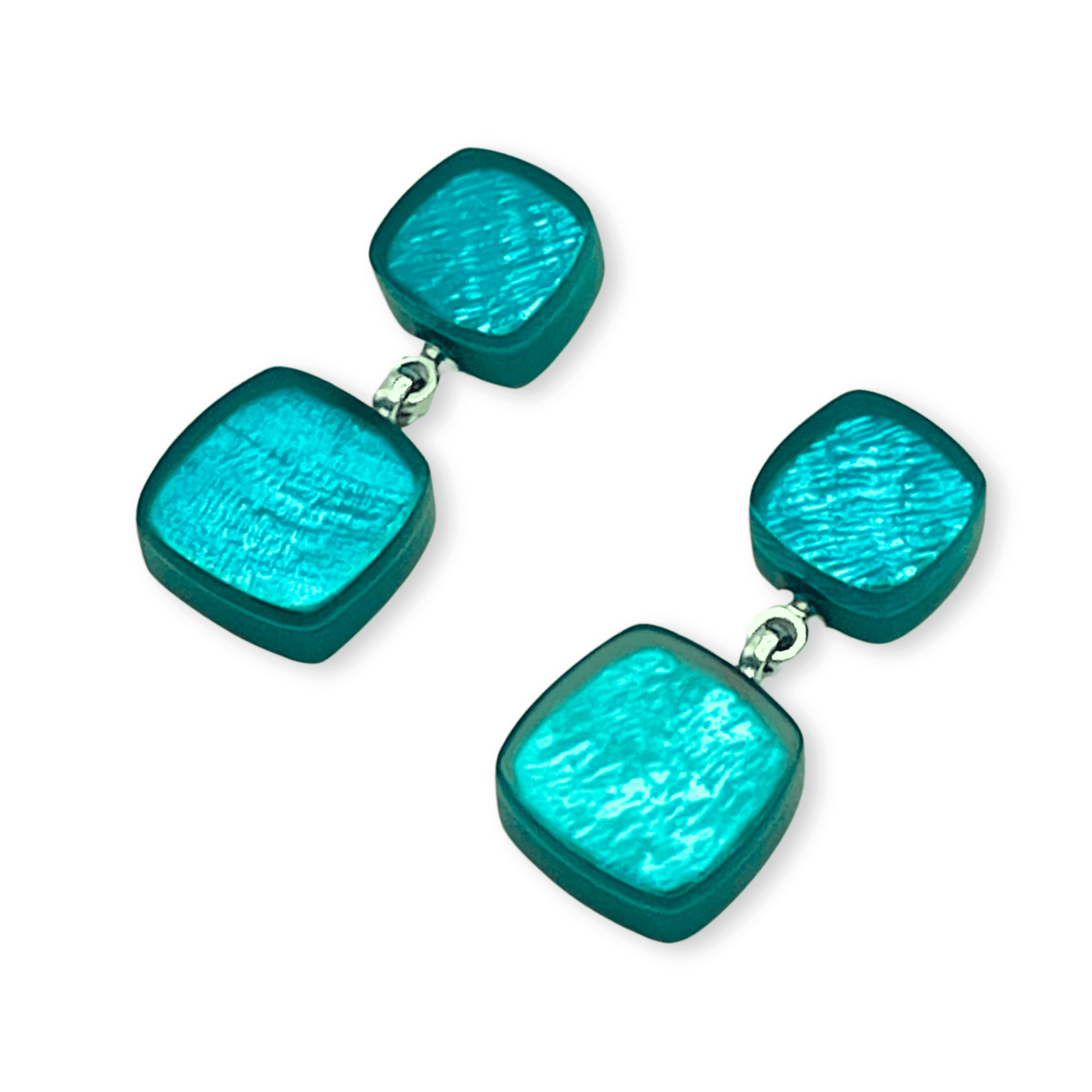 Teal Shell Cubes Shiny Double Drop Stud Earrings | The Jewellery Stop