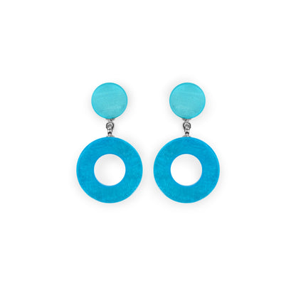 Turquoise Eclectic Shell Circles Shiny Double Drop Stud Earrings