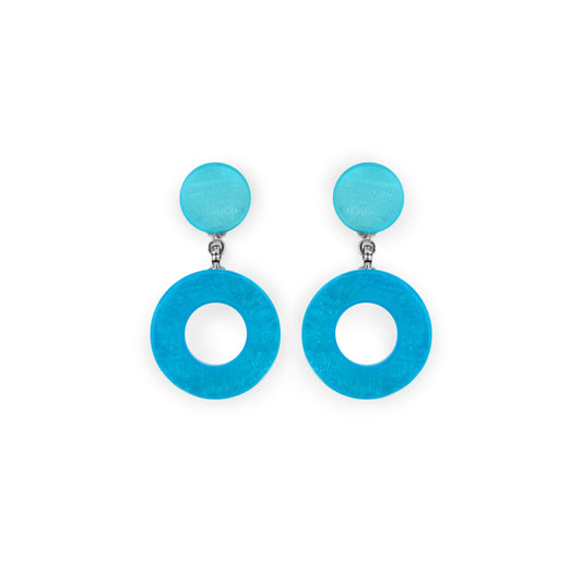 Turquoise Eclectic Shell Circles Shiny Double Drop Stud Earrings