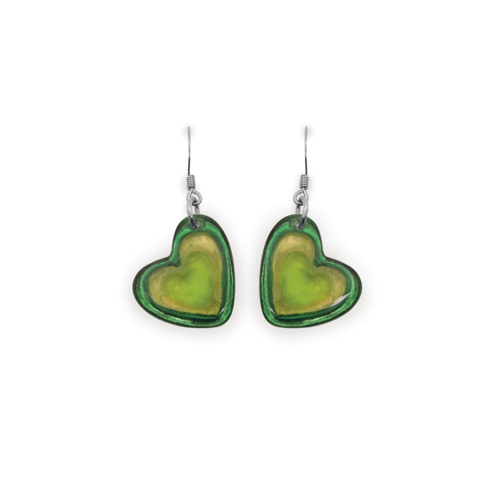 Kiwi Heart Resin Pebble Shiny Fish Hook Earrings | The Jewellery Stop