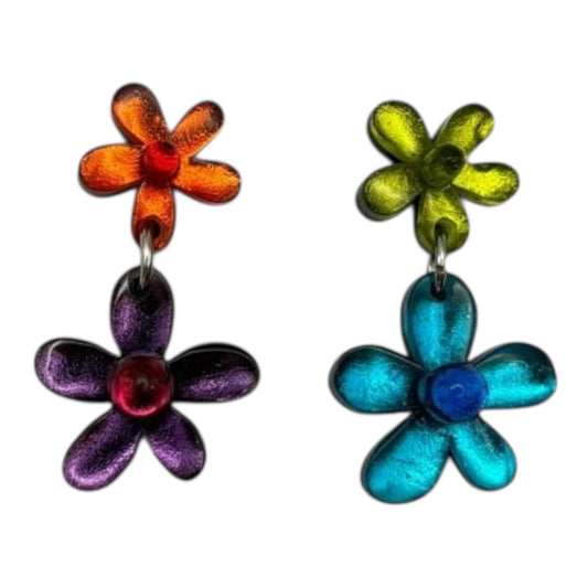 Rainbow Flower Double Drop Stud Earrings