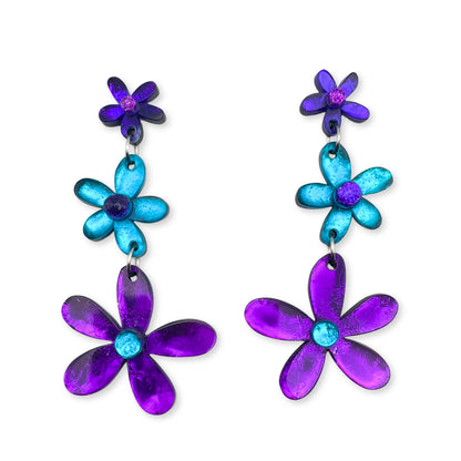 Peacock Flower Triple Drop Stud Earrings