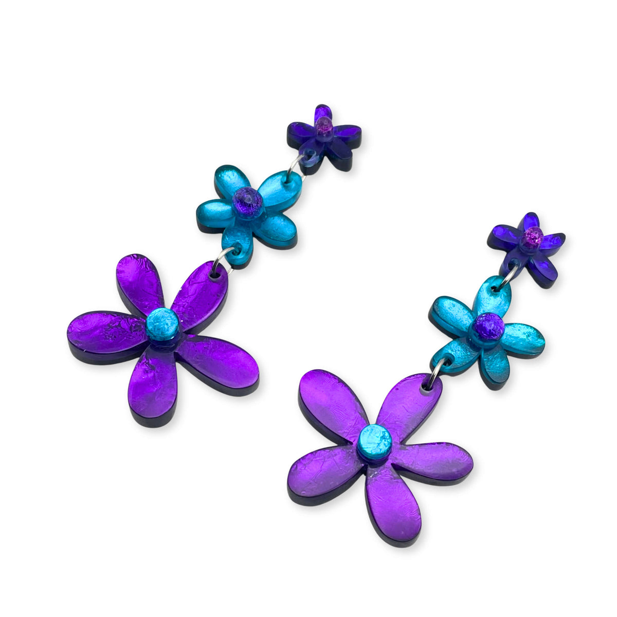 Peacock Flower Triple Drop Stud Earrings
