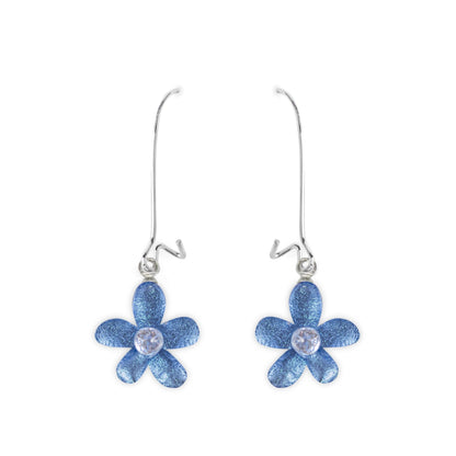 Denim Flower Shiny Small Long Hook Earrings | The Jewellery Stop