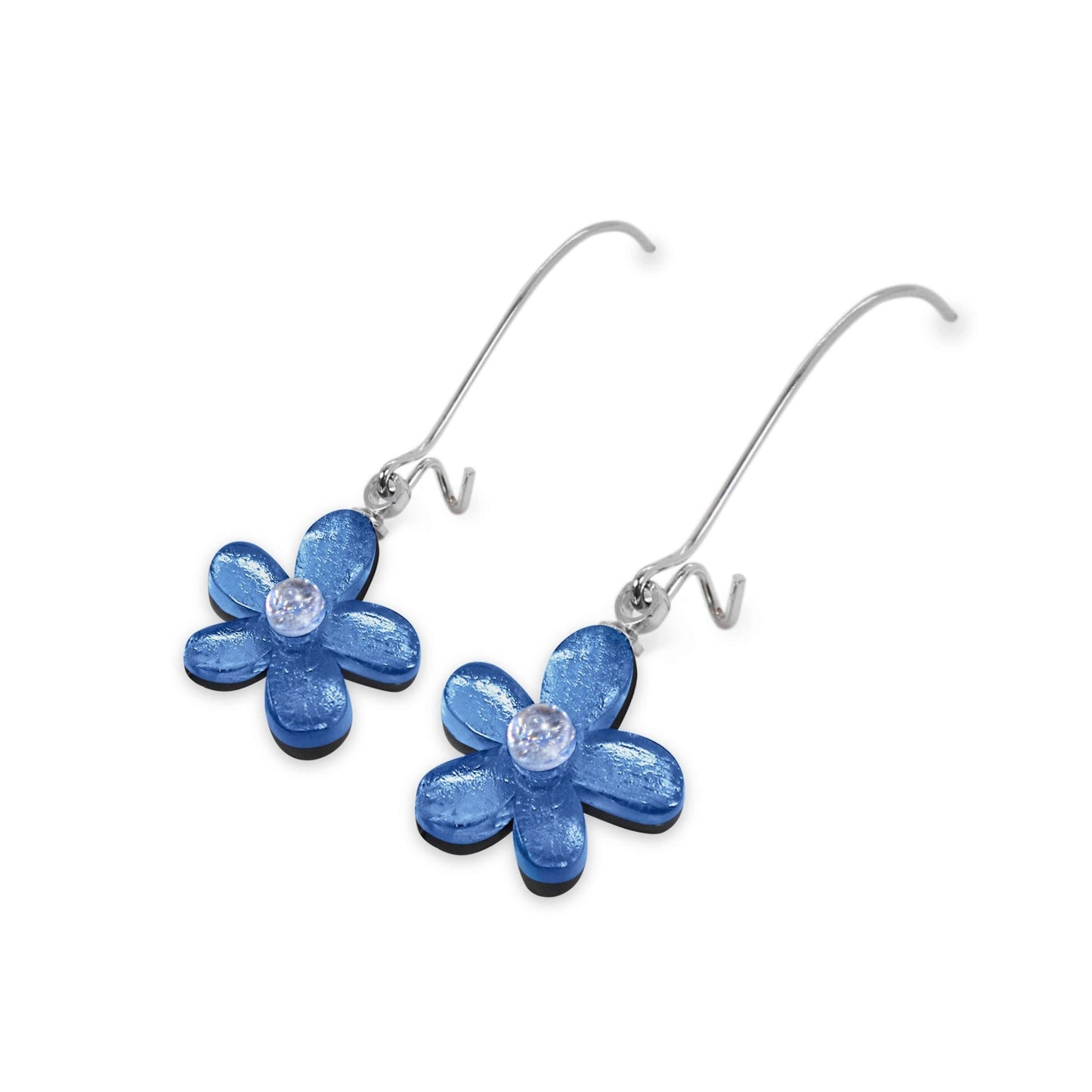 Denim Flower Shiny Small Long Hook Earrings | The Jewellery Stop