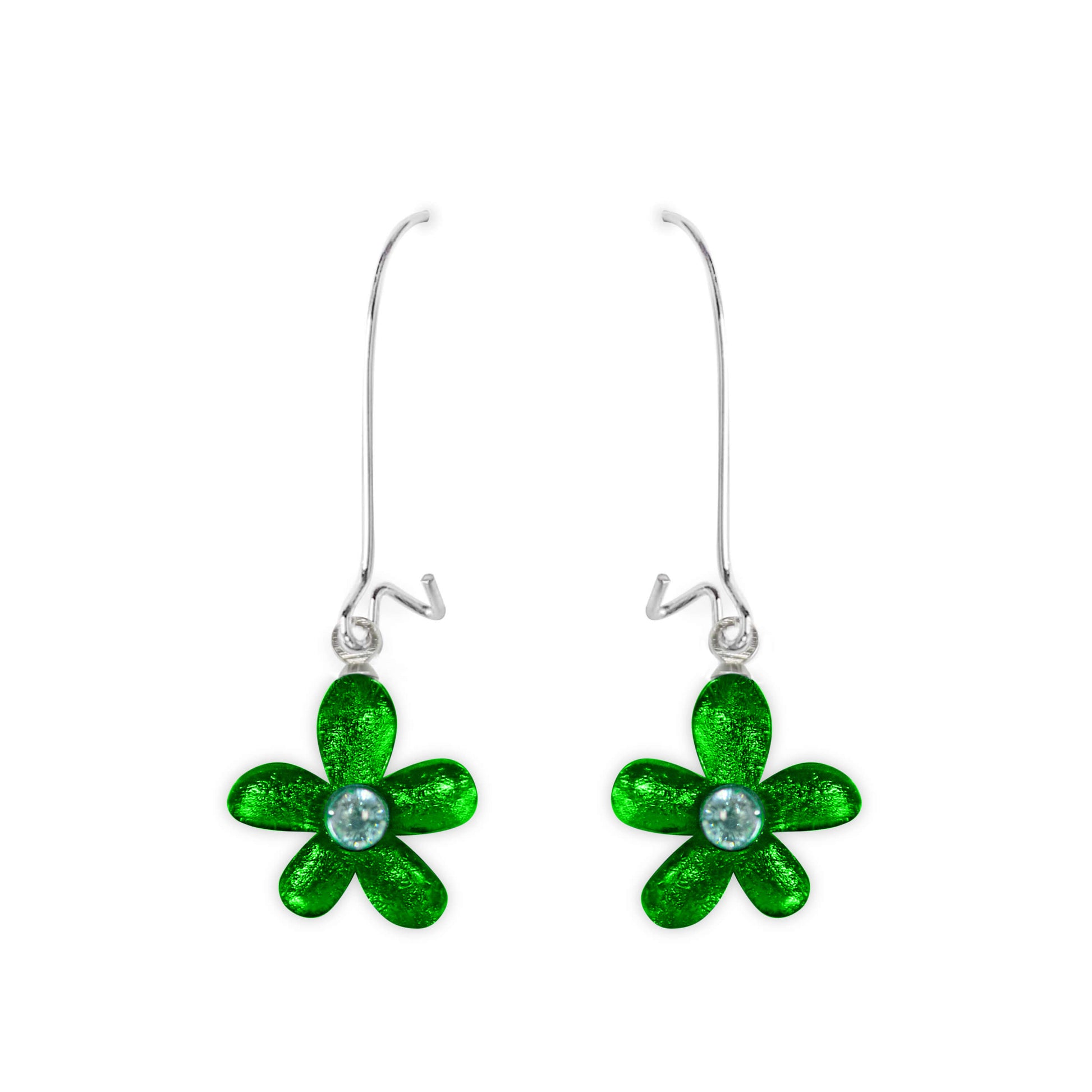Emerald Flower Shiny Small Long Hook Earrings