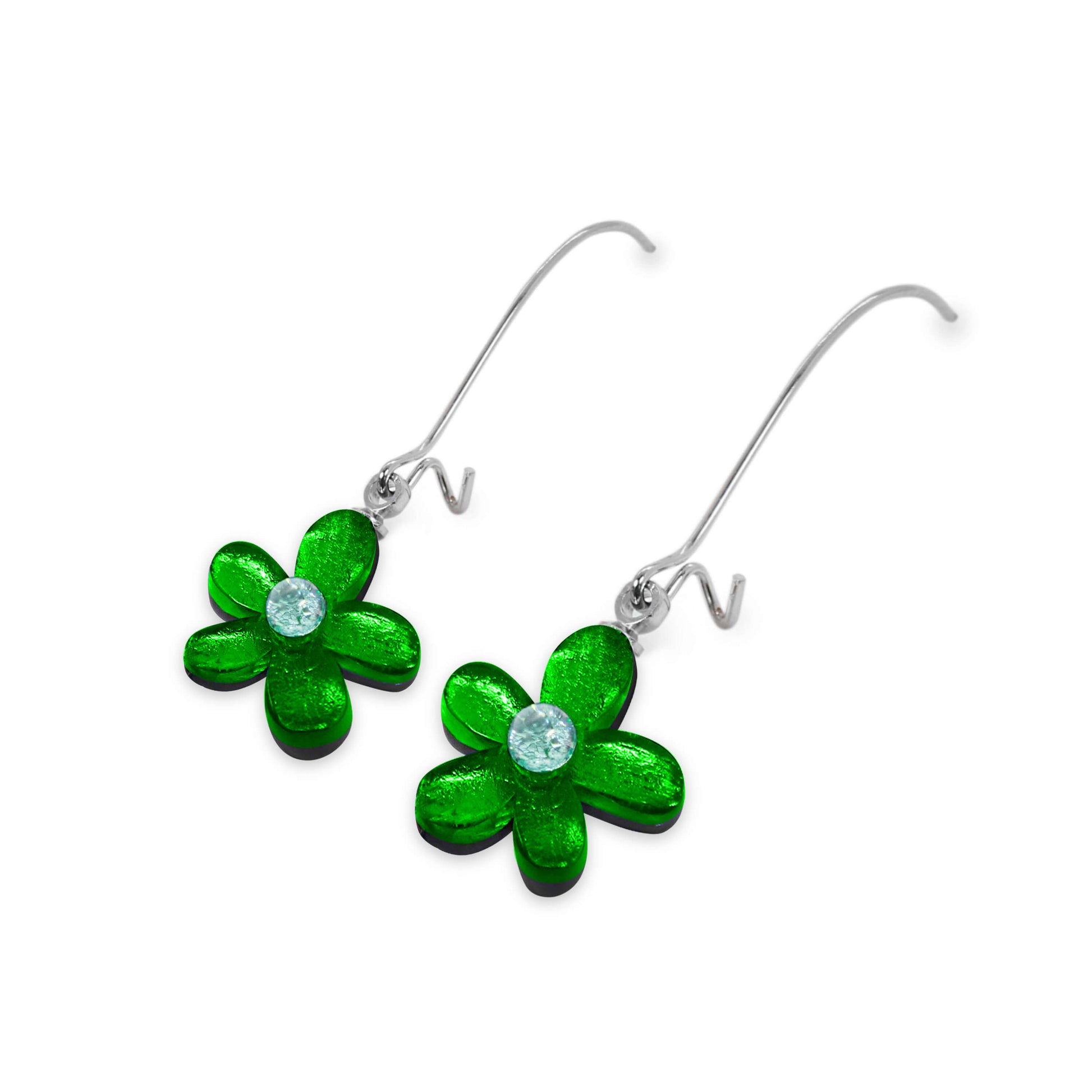 Emerald Flower Shiny Small Long Hook Earrings