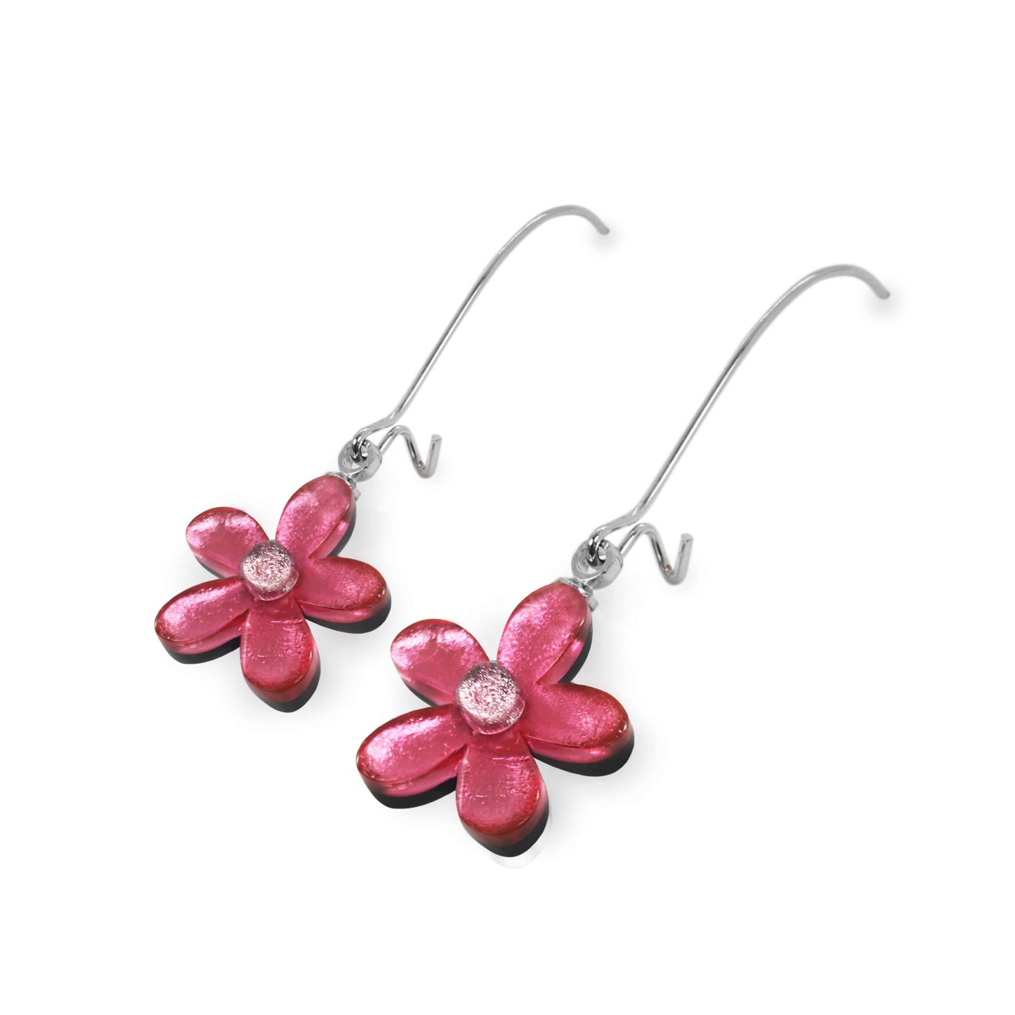 Flamingo Flower Shiny Small Long Hook Earrings | The Jewellery Stop