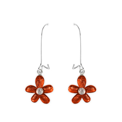 Orange Flower Shiny Small Long Hook Earrings | The Jewellery Stop