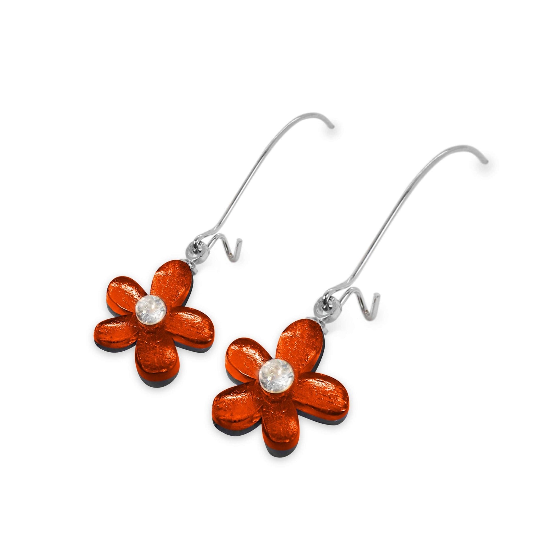 Orange Flower Shiny Small Long Hook Earrings | The Jewellery Stop