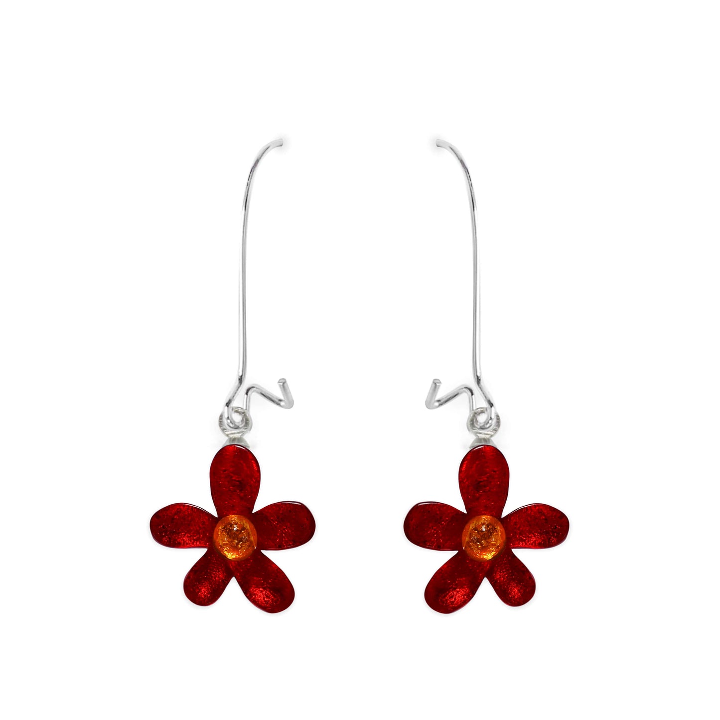 Red Flower Shiny Small Long Hook Earrings