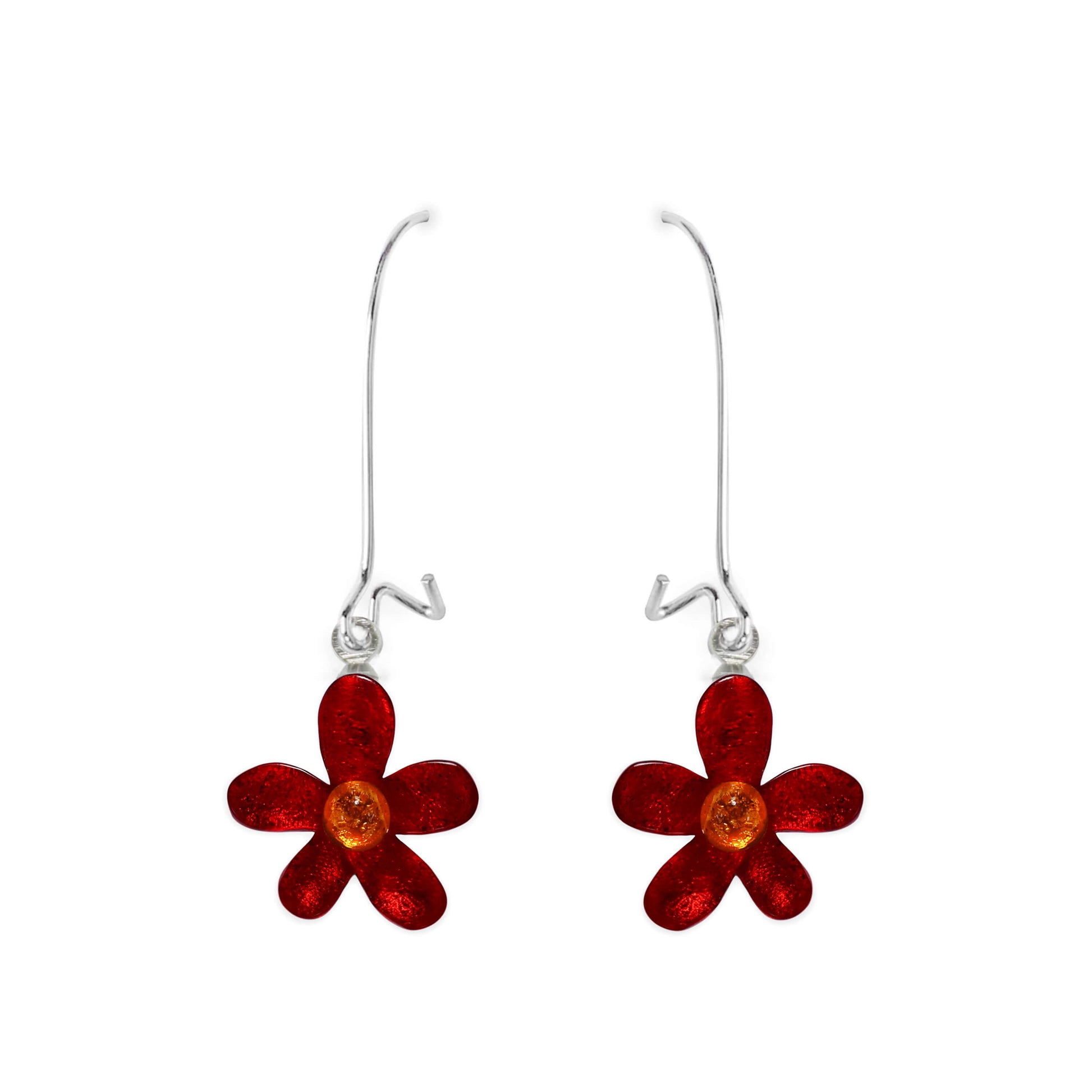 Red Flower Shiny Small Long Hook Earrings